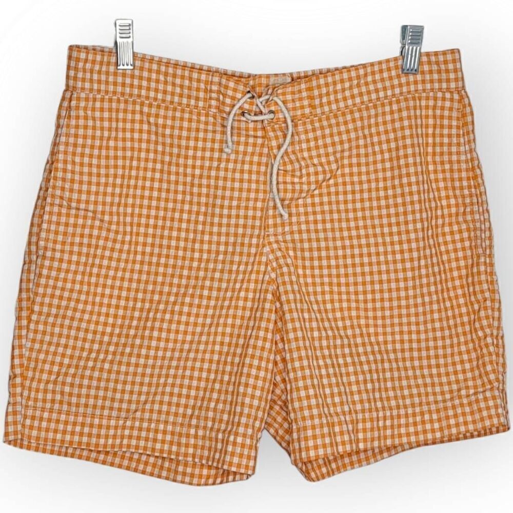 VENISSAC Men’s Swim Trunk Shorts Beach Luxury Travel Orange White Gingham Print